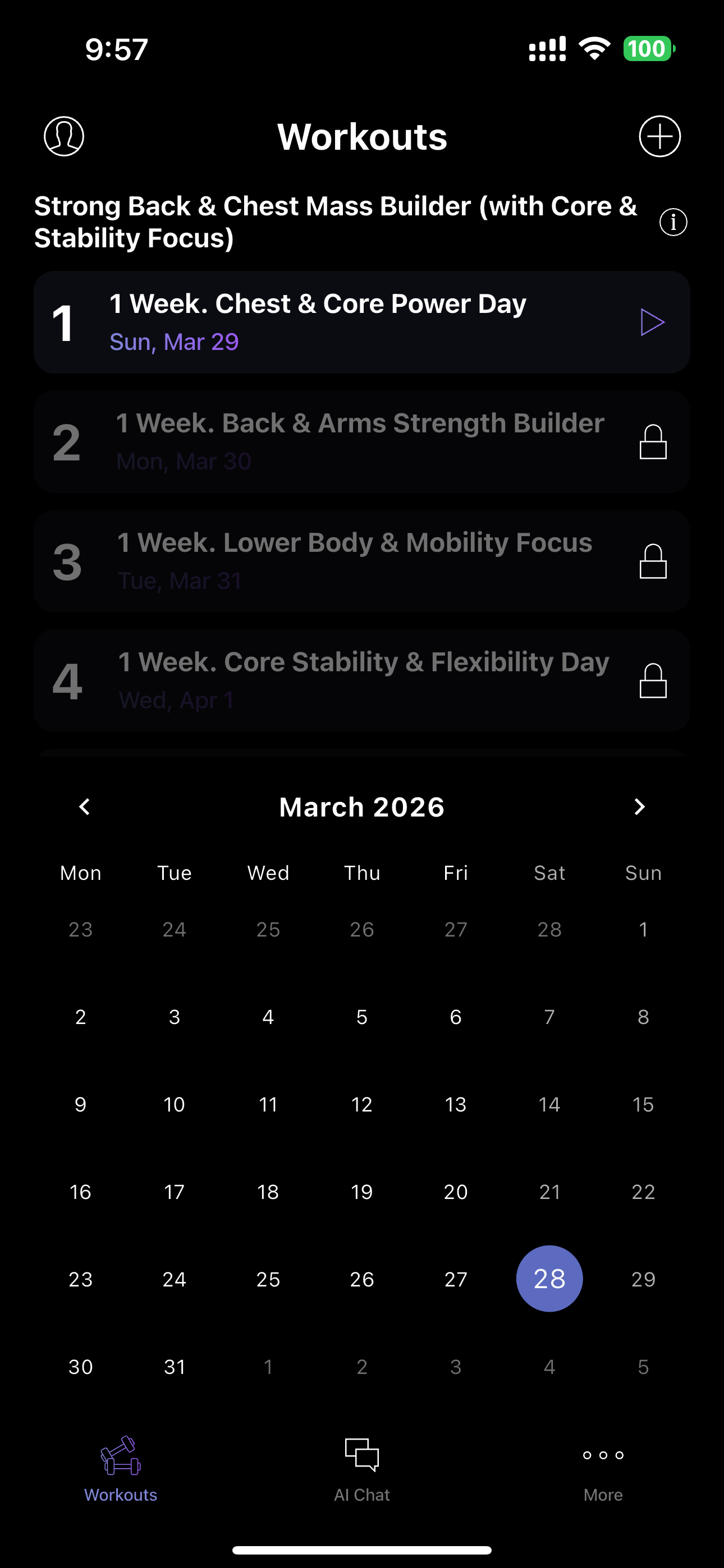 F/AI — AI-generated personal workout program screen